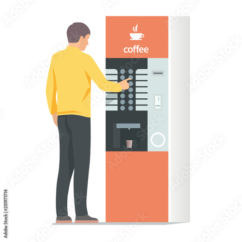 Man using coffee vending machine. Vector isolated illustration on white background