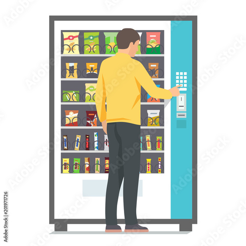 Man using vending machine with snacks. Vector illustration