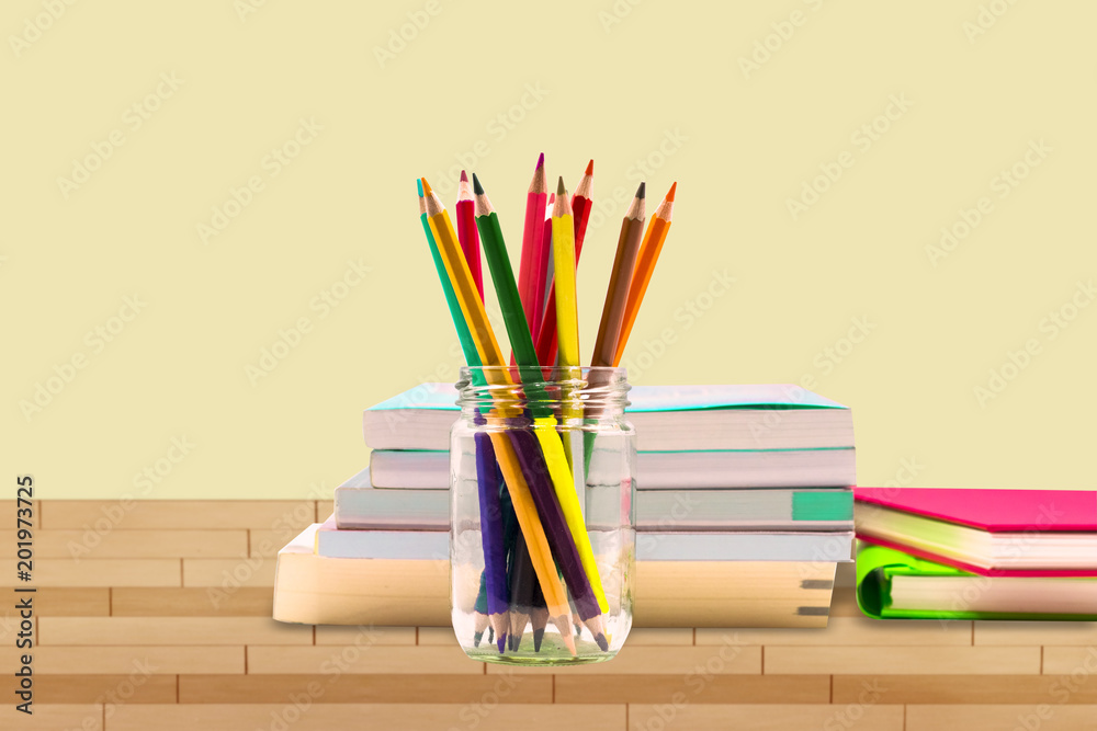 Fototapeta premium Books ,pen,penci and office equipment on wood table, education and back to school concept,Clipping path