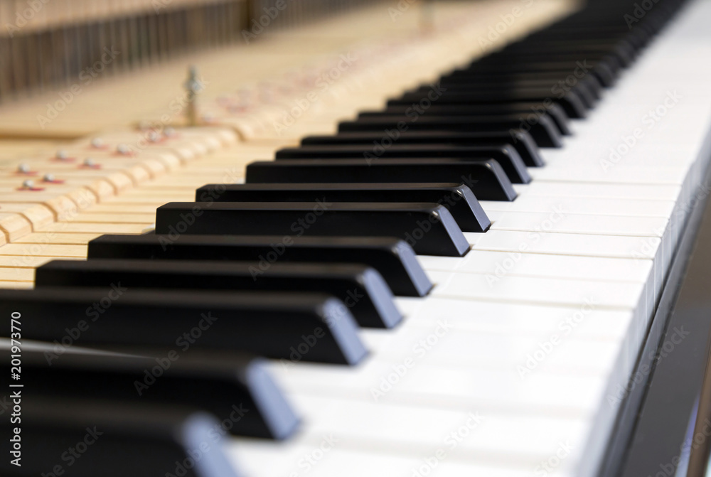 Closeup of a piano keyboard with blurred background and foreground Closeup of a piano keyboard with blurred background and foreground
