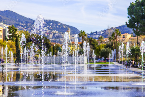 NICE, FRANCE, on March 6, 2018. The beautiful plane fountain in the La promenade du Paillon park photo