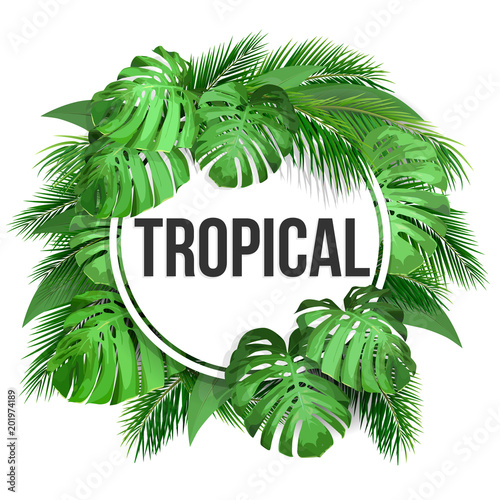 Round frame with tropical leaves. Tropical label or invitation card with space for text.