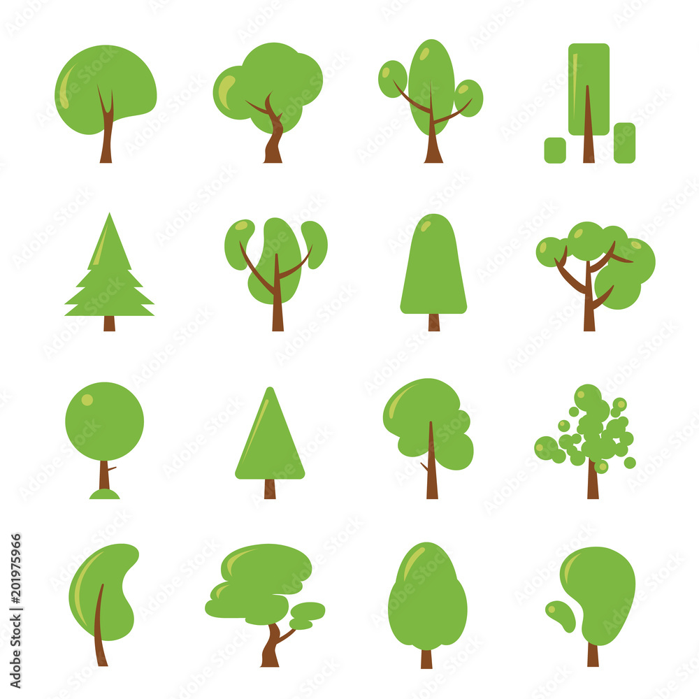 Ecology illustrations set. Flat pictures of green tree