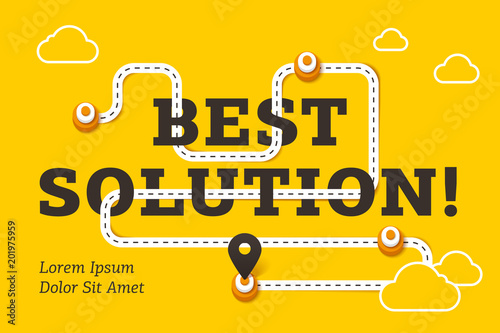 Best solution business concept with winding road and pin pointer on yellow background. Minimalistic business infographics, process direction, timeline diagram, digital innovation vector illustration.