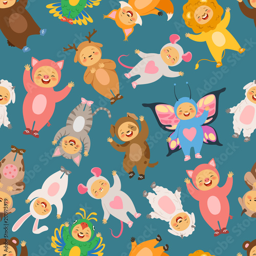 Seamless pattern with illustrations of kids in carnival costumes
