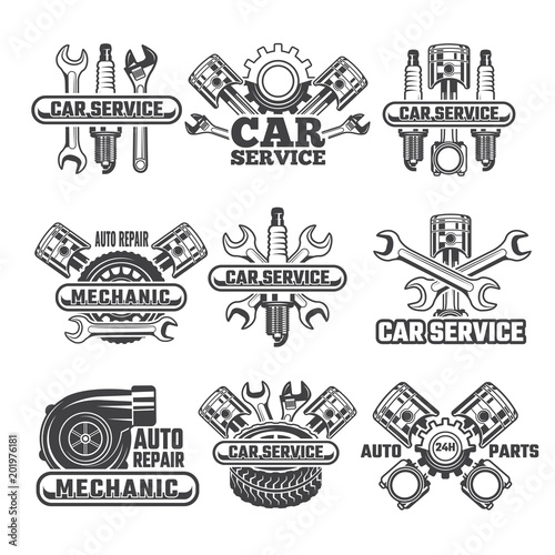 Design template of labels and badges with automobile tools and details