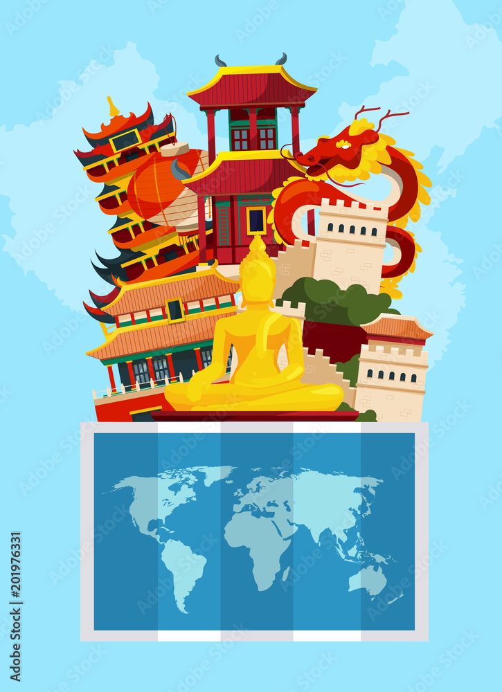 Fototapeta premium Vector concept illustration with flat style china sights above world map