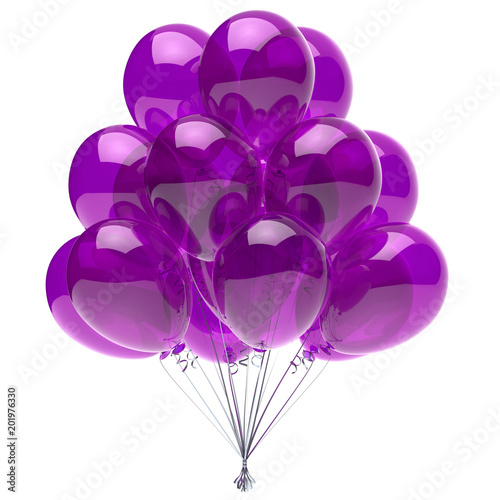 Balloon purple birthday party decoration glossy helium balloons bunch violet translucent. Happy holiday anniversary celebrate invitation greeting card background. 3d illustration