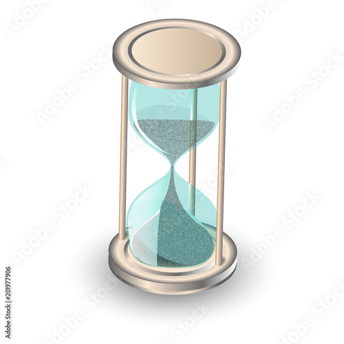 Hourglass antique instrument. Hourglass as time passing concept for business deadline, urgency and running out of time. Transparent hourglass icon, sandglass