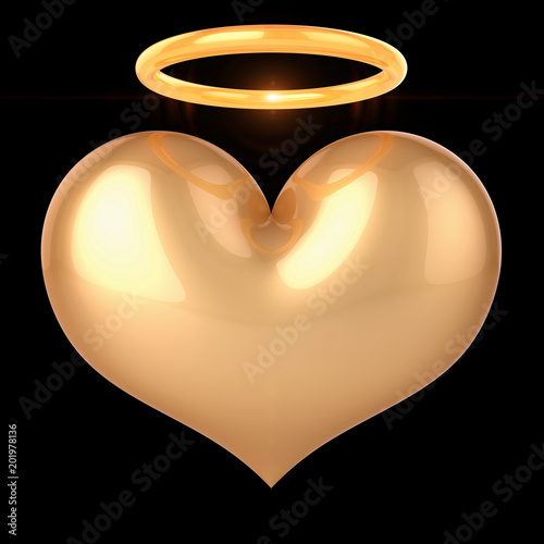 Heart angel saint love God nimb halo golden icon. Valentine's Day romantic emotion paradise heaven symbol. 3d illustration isolated on black background