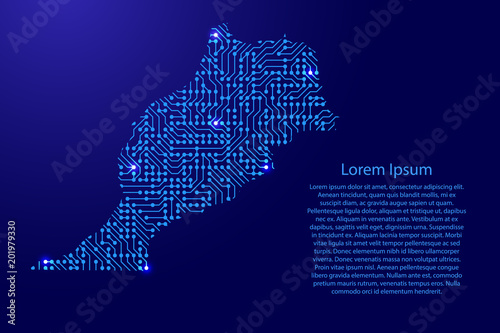 Map Morocco from printed board, chip and radio component with blue star space on the contour for banner, poster, greeting card, of vector illustration.