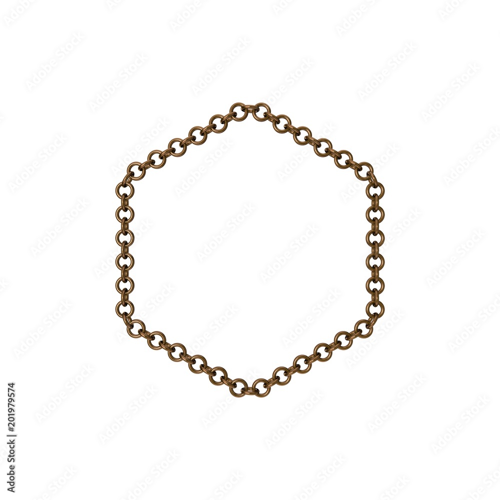 Bronze chain. Isolated on white background.Hexagon frame. Bronze chain. Isolated on white background.Hexagon frame.