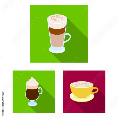 Different kinds of coffee flat icons in set collection for design. Coffee drink vector symbol stock web illustration.