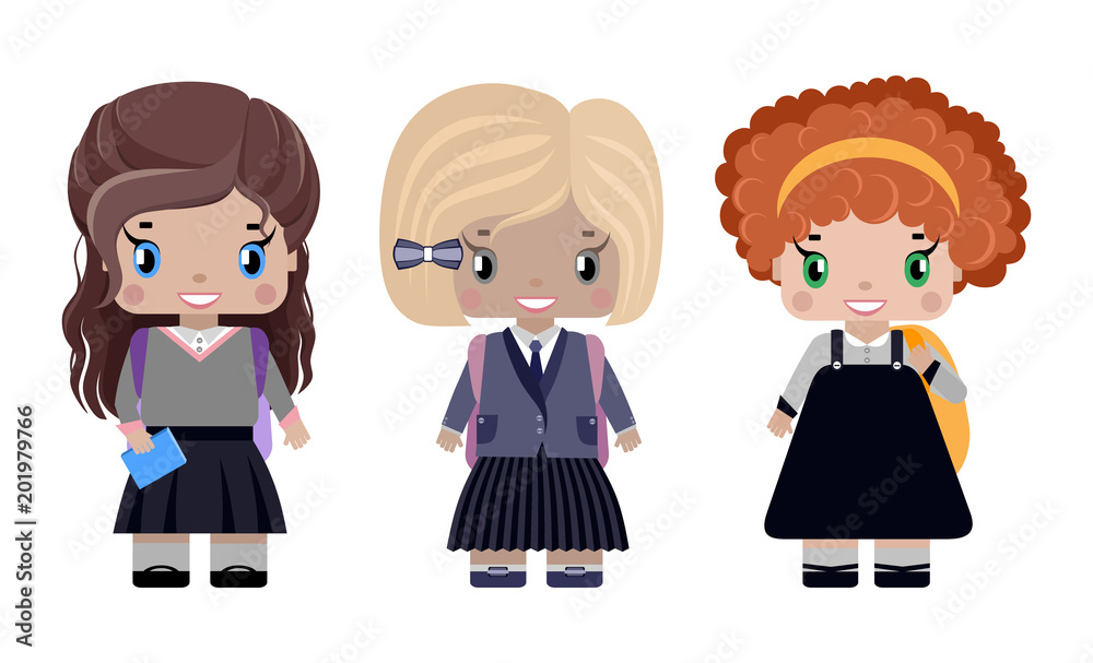 three little girls in different school uniforms and with backpacks smiling (first graders) three little girls in different school uniforms and with backpacks smiling (first graders)