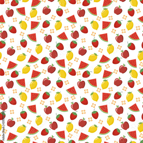 Seamless pattern of watermelon, strawberry, lemon, apple. Vector illustration