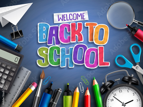 Back to school vector banner concept with school elements, education items and colorful paper cut welcome text in blue texture background. Vector illustration.
