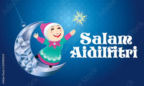 A Muslim girl playing fireworks on a swinging moon, with Malay pattern background. The words "Salam Aidilfitri" means happy Hari Raya.
