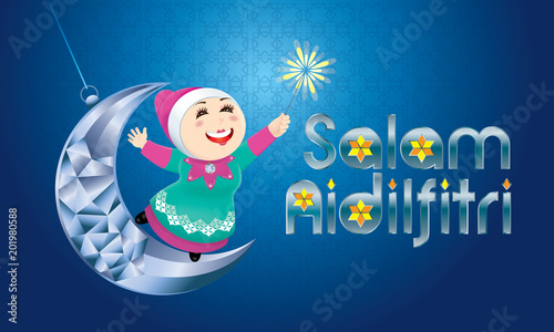 A Muslim girl playing fireworks on a swinging moon, with Malay pattern background. The words "Salam Aidilfitri" means happy Hari Raya.