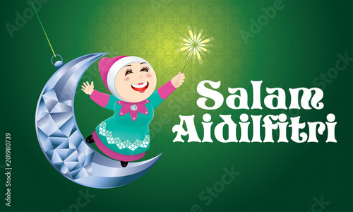 A Muslim girl playing fireworks on a swinging moon, with Malay pattern background. The words "Salam Aidilfitri" means happy Hari Raya.