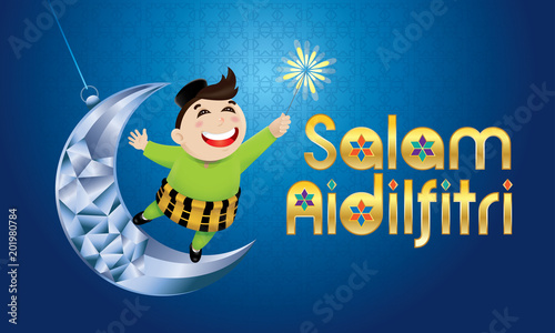 A Muslim boy playing fireworks on a swinging moon, with Malay pattern background. The words "Salam Aidilfitri" means happy Hari Raya.