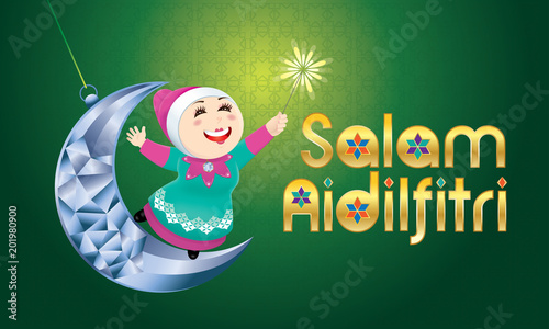 A Muslim girl playing fireworks on a swinging moon, with Malay pattern background. The words "Salam Aidilfitri" means happy Hari Raya.