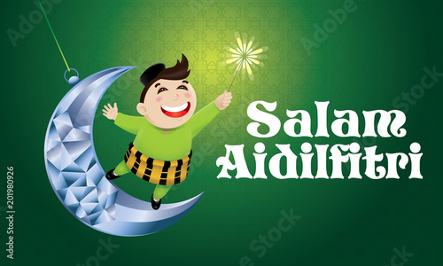 A Muslim boy playing fireworks on a swinging moon, with Malay pattern background. The words "Salam Aidilfitri" means happy Hari Raya.