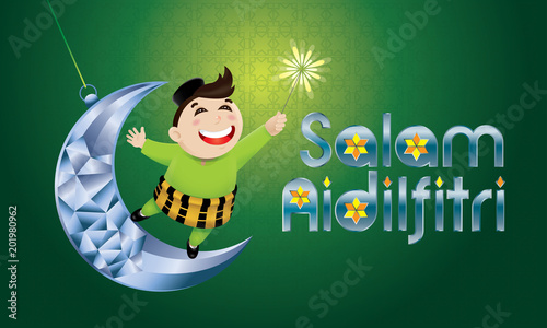 A Muslim boy playing fireworks on a swinging moon, with Malay pattern background. The words "Salam Aidilfitri" means happy Hari Raya.