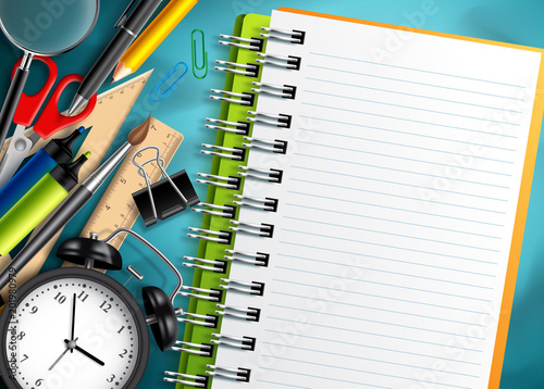 Back to school vector template background with school supplies, educational items and notebook with empty white space for text. Vector illustration.
