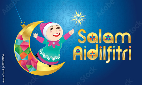 A Muslim girl playing fireworks on a swinging moon, with Malay pattern background. The words "Salam Aidilfitri" means happy Hari Raya.