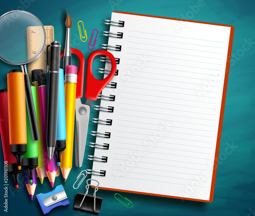 Back to school vector educational template with school items and elements and notebook with blank white space for text in textured background. Vector illustration.
