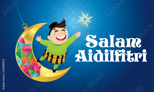 A Muslim boy playing fireworks on a swinging moon, with Malay pattern background. The words "Salam Aidilfitri" means happy Hari Raya.