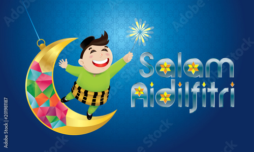 A Muslim boy playing fireworks on a swinging moon, with Malay pattern background. The words "Salam Aidilfitri" means happy Hari Raya.
