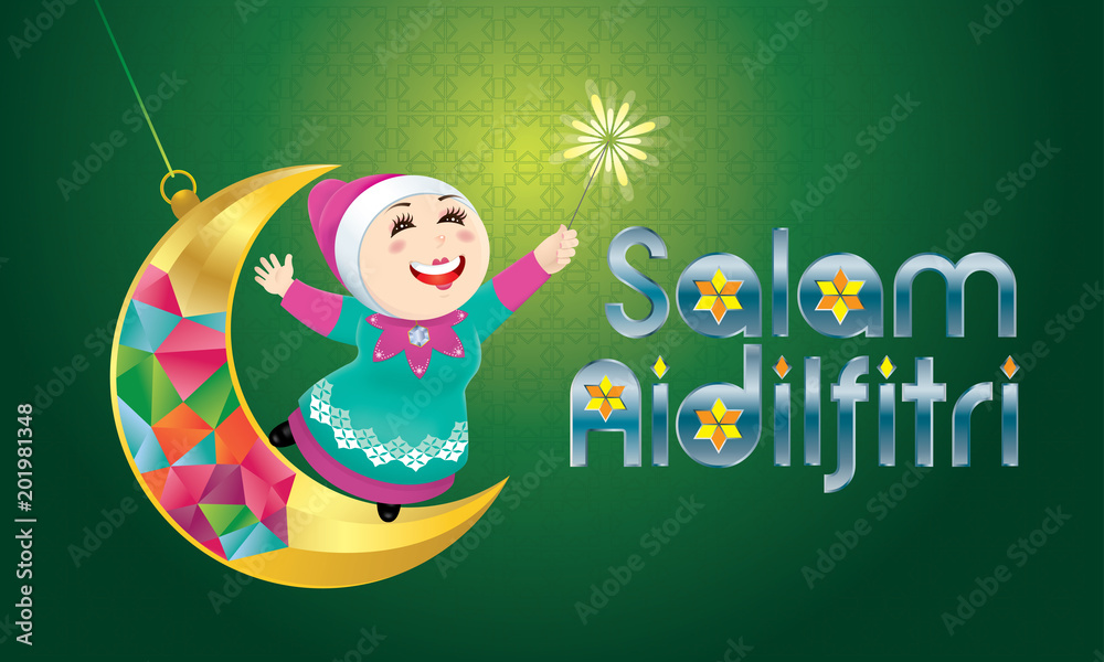 Fototapeta premium A Muslim girl playing fireworks on a swinging moon, with Malay pattern background. The words 