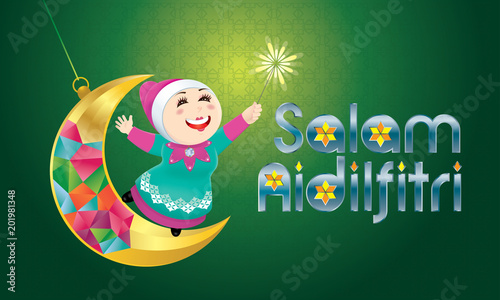 A Muslim girl playing fireworks on a swinging moon, with Malay pattern background. The words "Salam Aidilfitri" means happy Hari Raya.