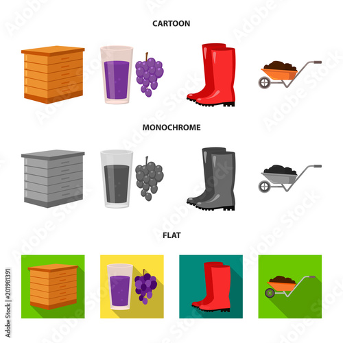 Hive, grapes, boots, wheelbarrow.Farm set collection icons in cartoon,flat,monochrome style vector symbol stock illustration web.