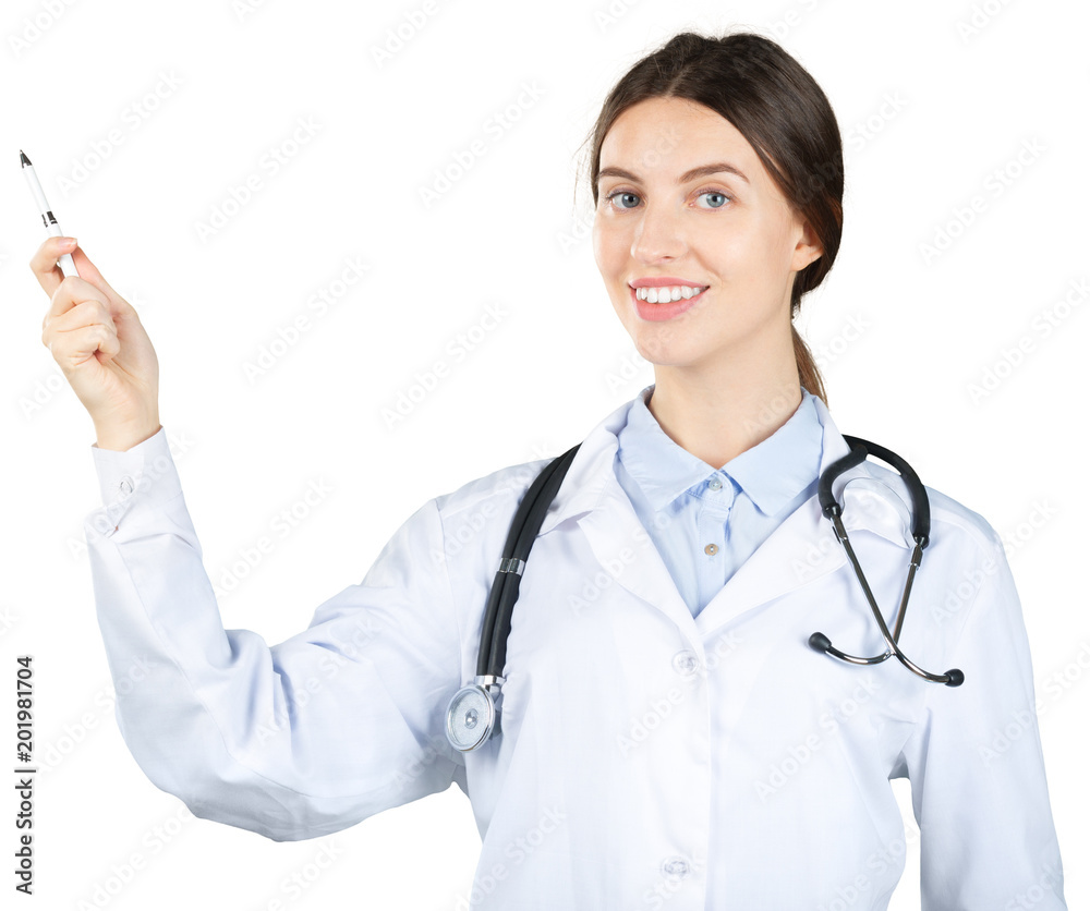 Young woman doctor making presentation isolated on white background