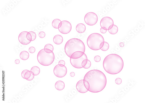  Fizzing air or water pink  bubbles on white  background.