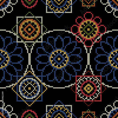 Background for handmade cross stitch decoupage vector illustration. Seamless pattern.