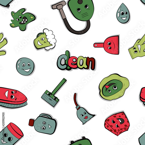 Cartoon items for cleaning. Household vector illustration. Bright seamless pattern background.