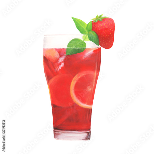 Cocktail with strawberries. Cold drink illustration on white background