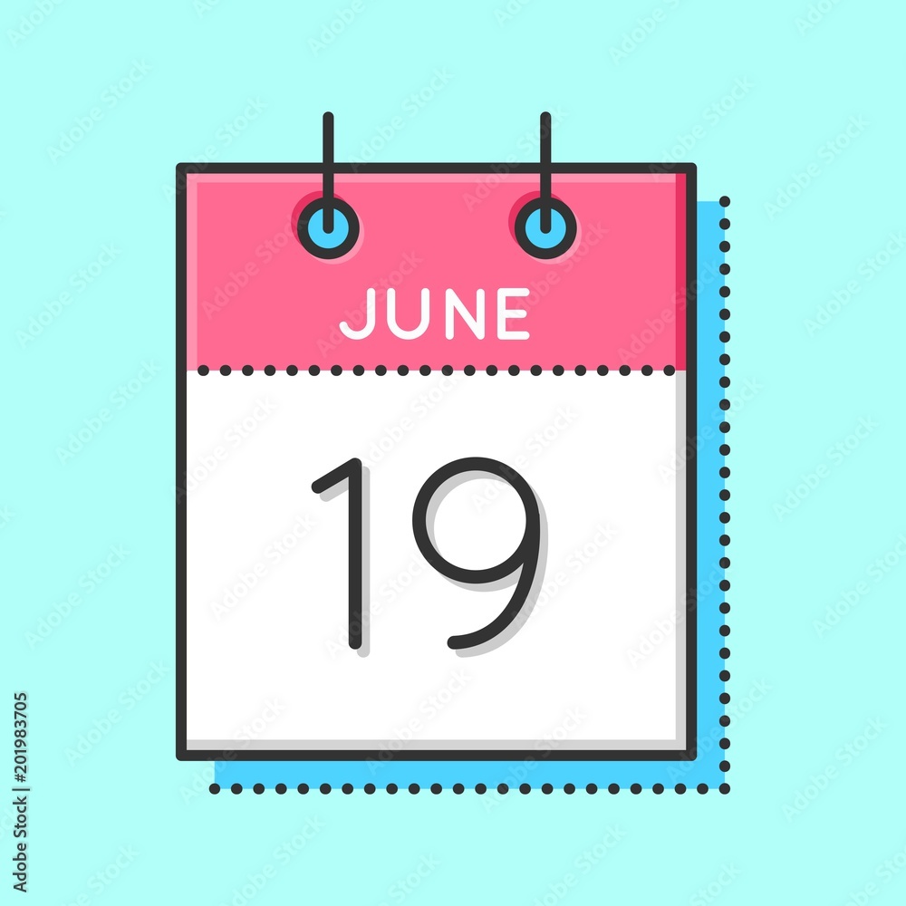 Vector Calendar Icon. Flat and thin line vector illustration. Calendar sheet on light blue background. June 19th. Fathers Day Vector Calendar Icon. Flat and thin line vector illustration. Calendar sheet on light blue background. June 19th. Fathers Day
