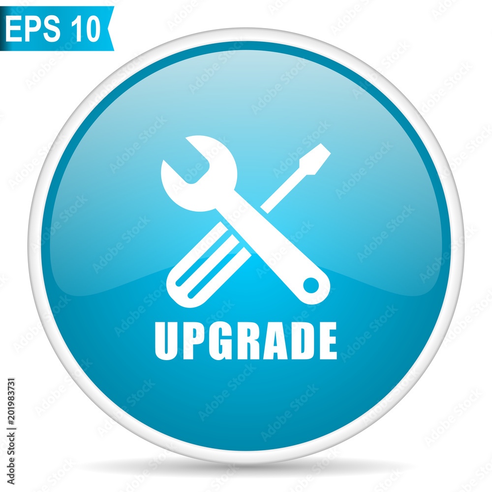 Upgrade blue glossy round vector icon in eps 10. Editable modern design internet button on white background. Upgrade blue glossy round vector icon in eps 10. Editable modern design internet button on white background.