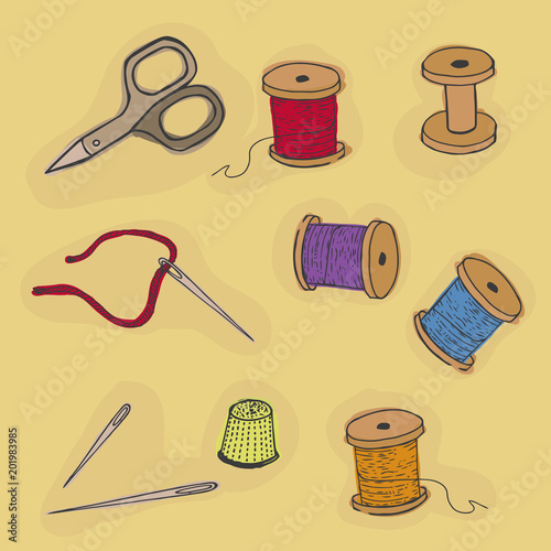 Sewing accessories. Threads, thimble scissors, needles. The set of items for embroidery vector illustration.