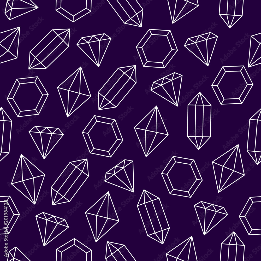 Simple wire framed diamond crystals on purple seamless pattern, vector Simple wire framed diamond crystals on purple seamless pattern, vector