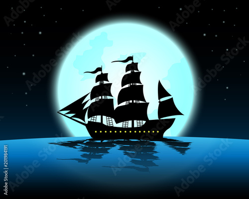 large marine in the night of full moon;blue ocean with marine at midnight with full moon;star on the sky;beautiful silhouette night landscape vector design