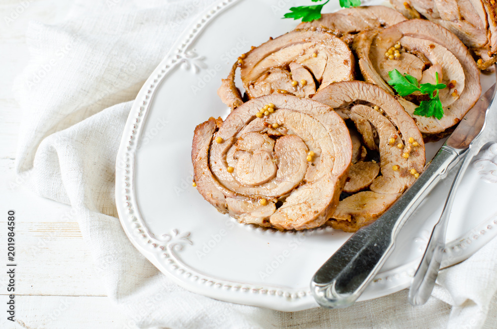Baked roll from a turkey thigh with a grain mustard Baked roll from a turkey thigh with a grain mustard