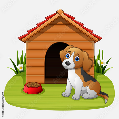 Cute dog sitting in front of kennel