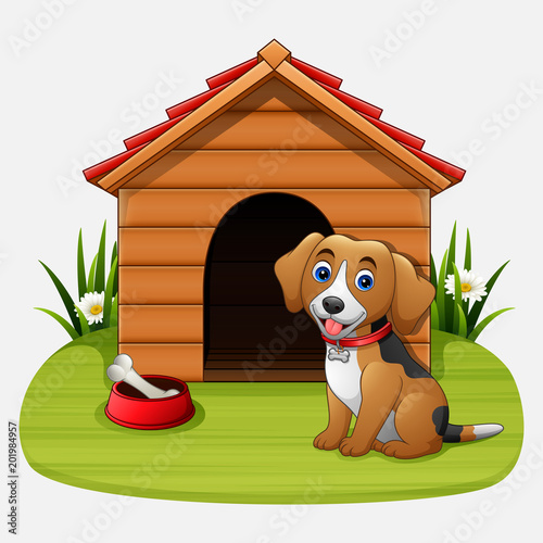 Cute dog sitting in front of kennel