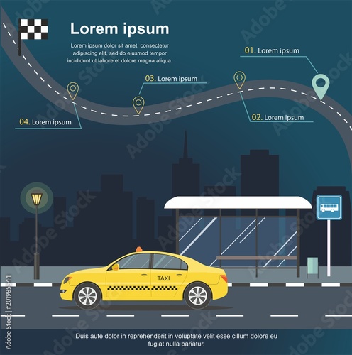 Taxi car at the background of night city. Infographic. Vector illustration