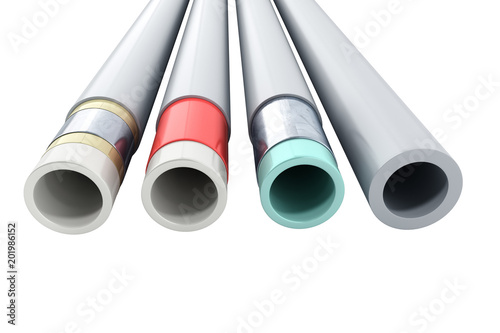 different plastic water pipes in layers 3d render on white photo